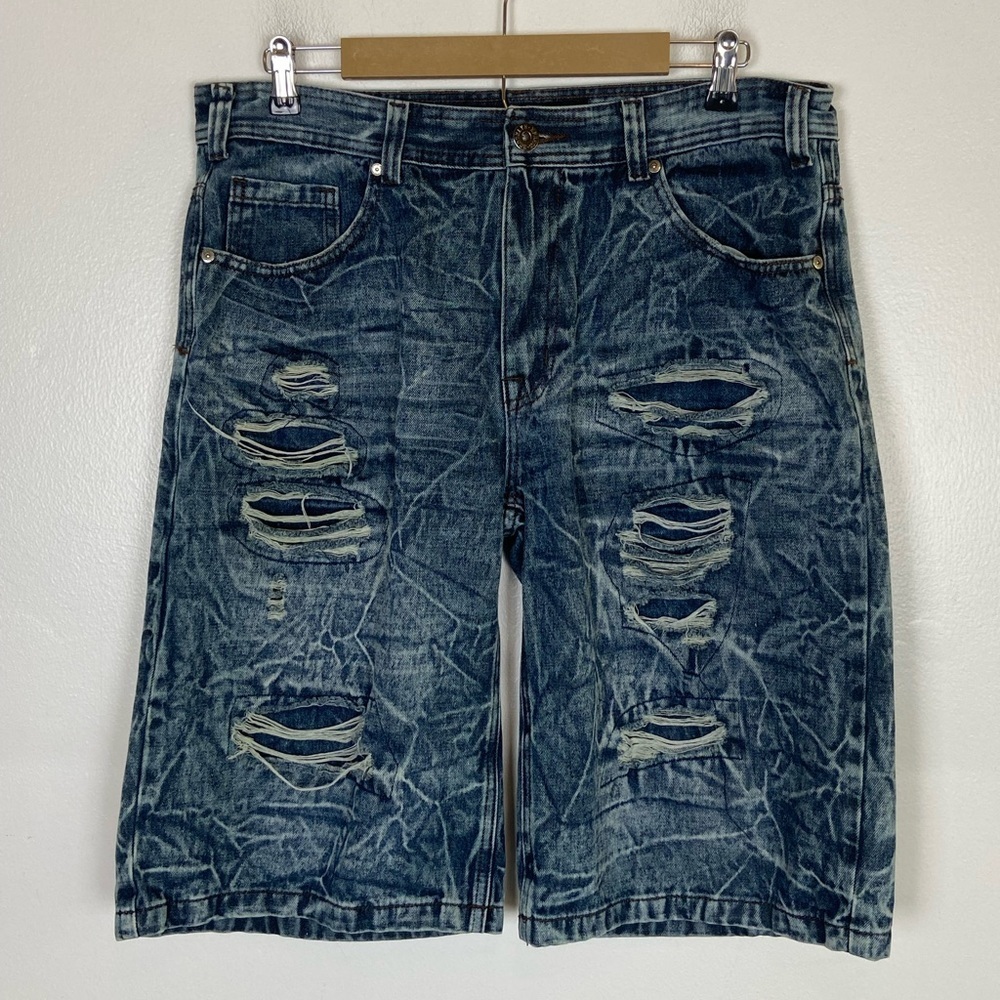 Brooklyn Xpress Men's Distress Denim Shorts Size 36 Blue Grunge Retro Hip Hop